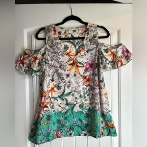 DR2 Floral Cold-Shoulder Blouse with Orange and Green Accents